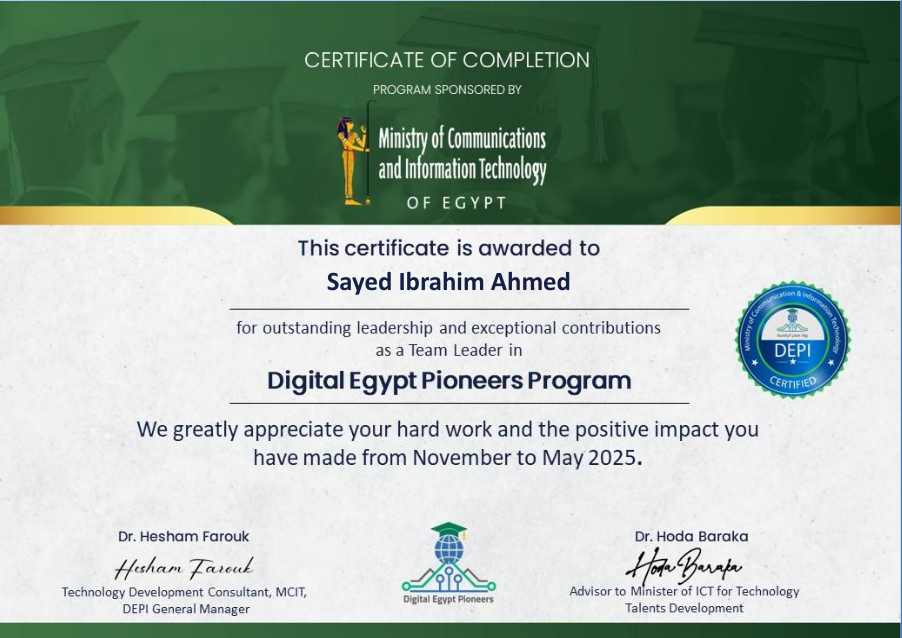 outstanding leadership and exceptional contributions as a Team Leader in Digital Egypt Pioneers